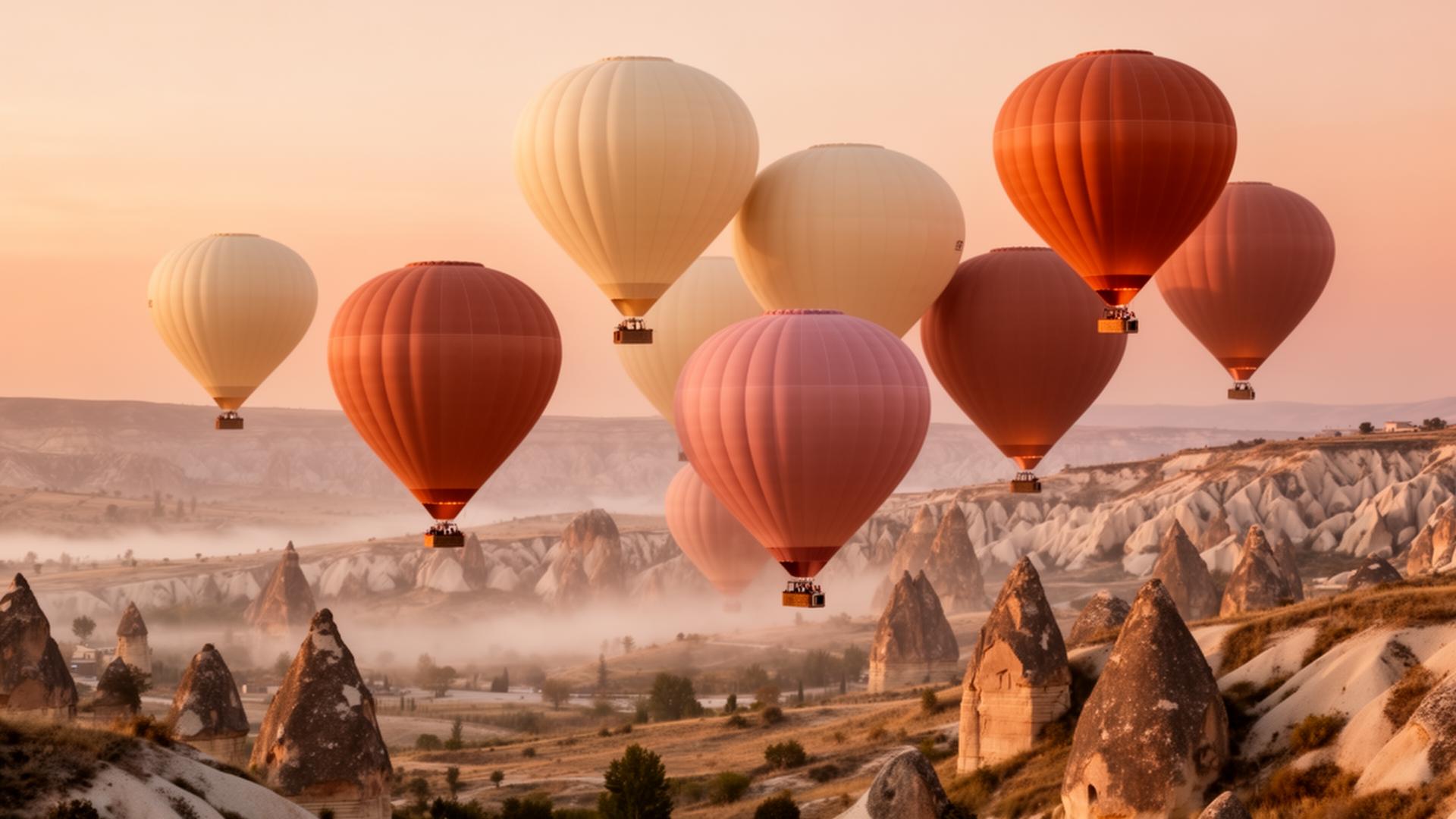 Kapadokya vadisi üzerinde renkli sıcak hava balonları