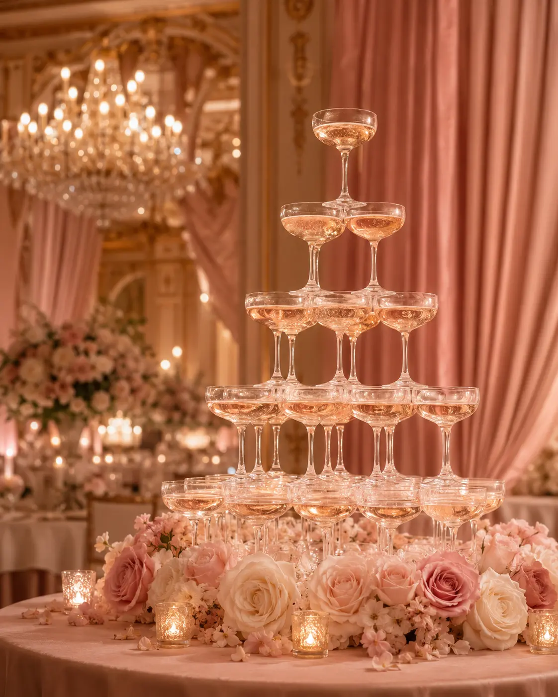 Champagne tower with roses in a romantic ballroom