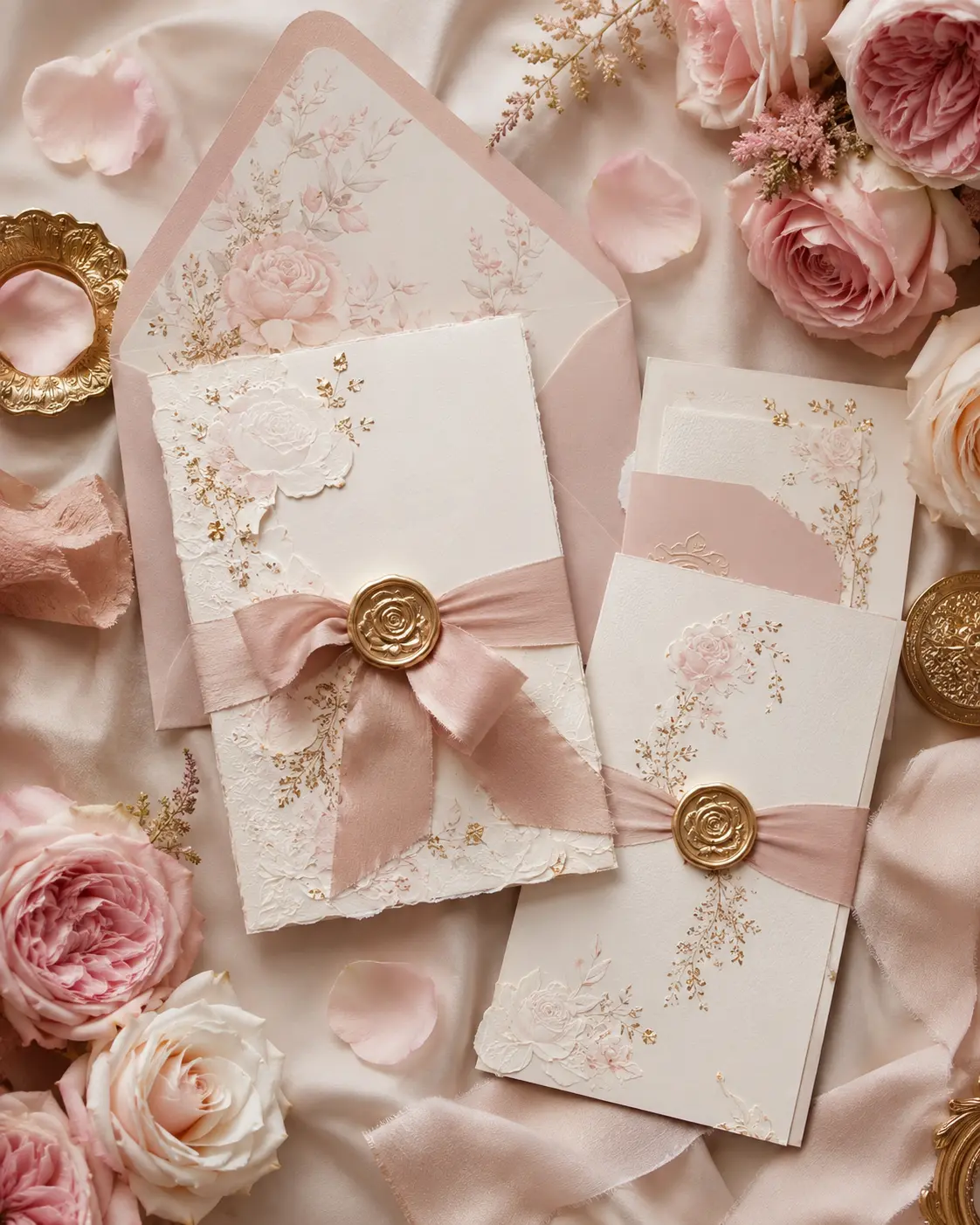 Blush rose wedding stationery with champagne gold details
