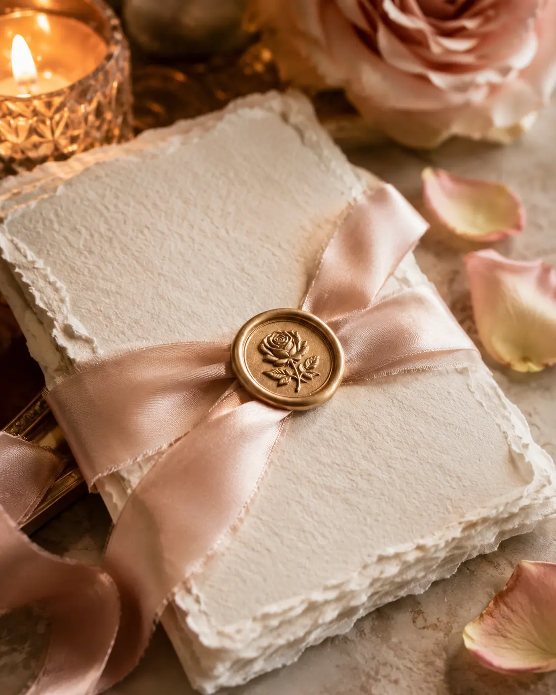 Ivory silk paper, blush ribbon and rose wax seal