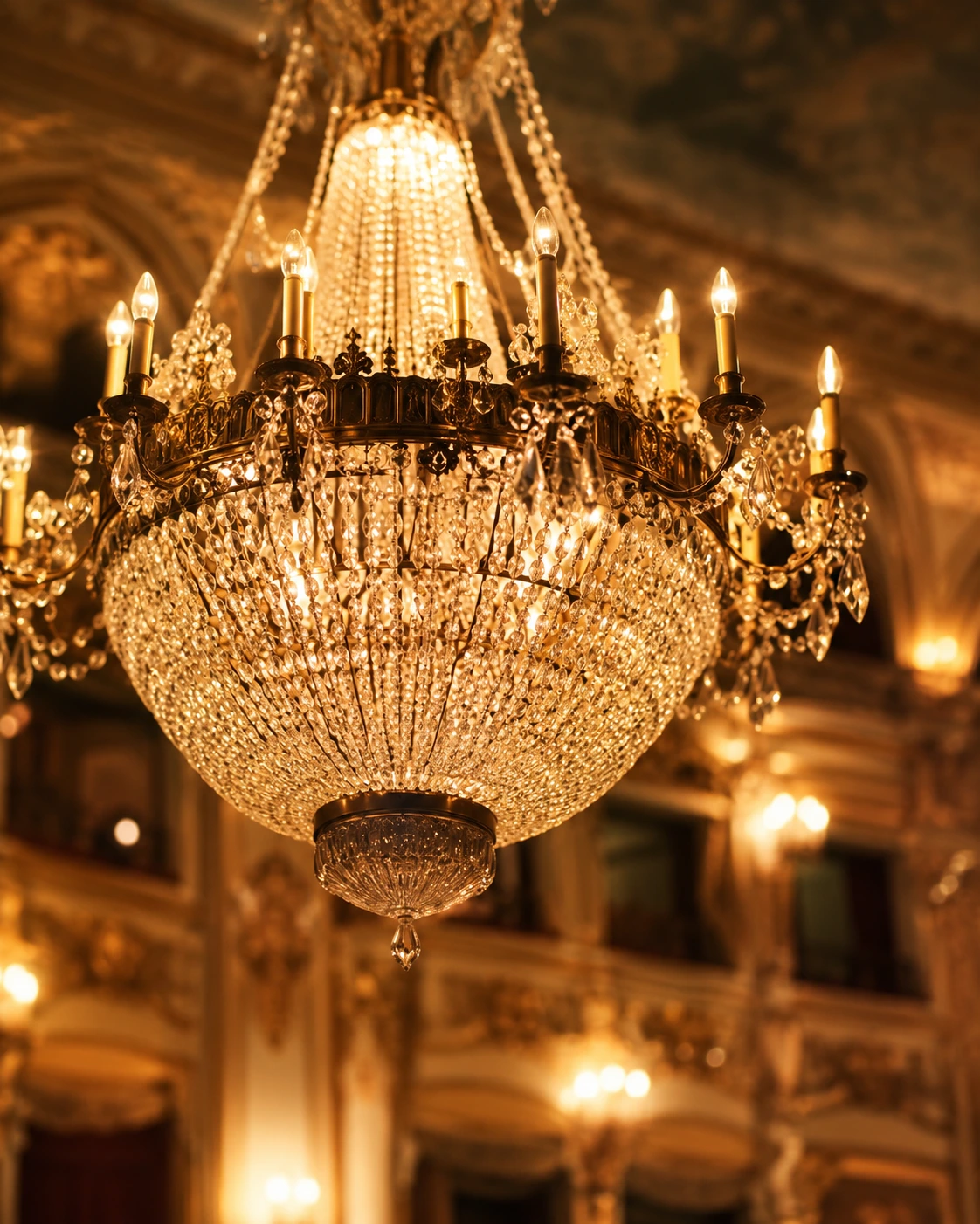 Grand crystal chandelier in historic theatre ballroom