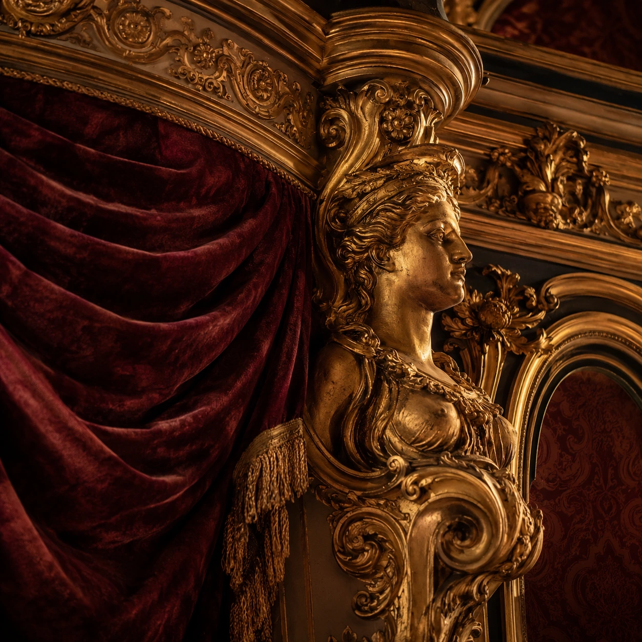 Gold caryatid ornament with burgundy velvet curtain in theatre loge