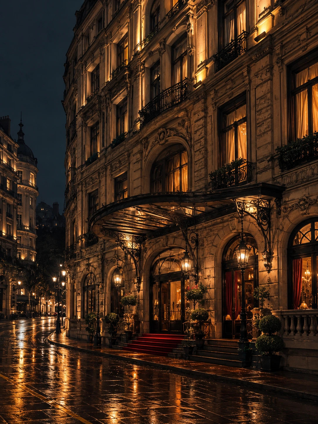 Historic Pera hotel facade at night with golden lights