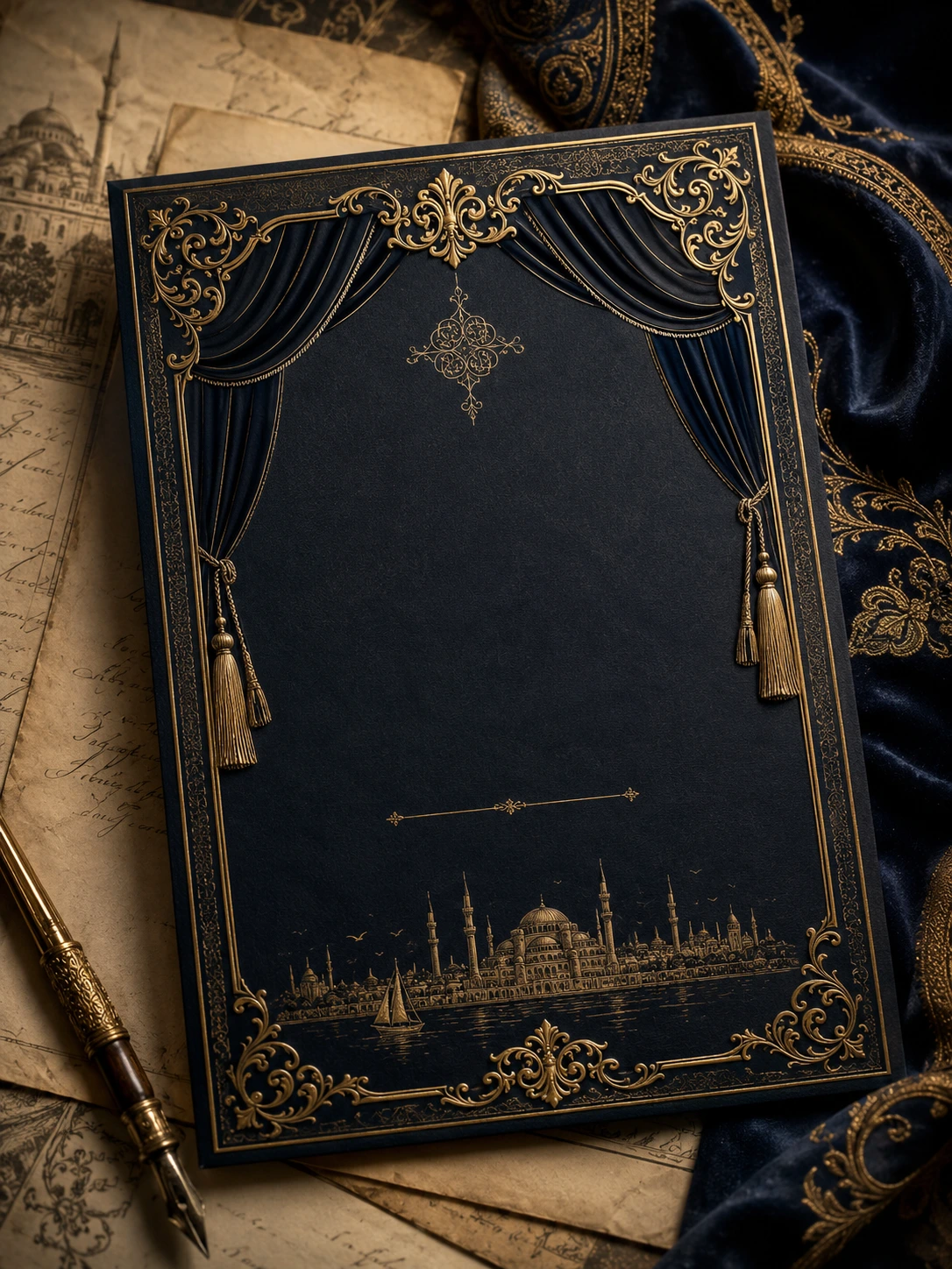 Dark blue theatre invitation card with Ottoman gold ornaments
