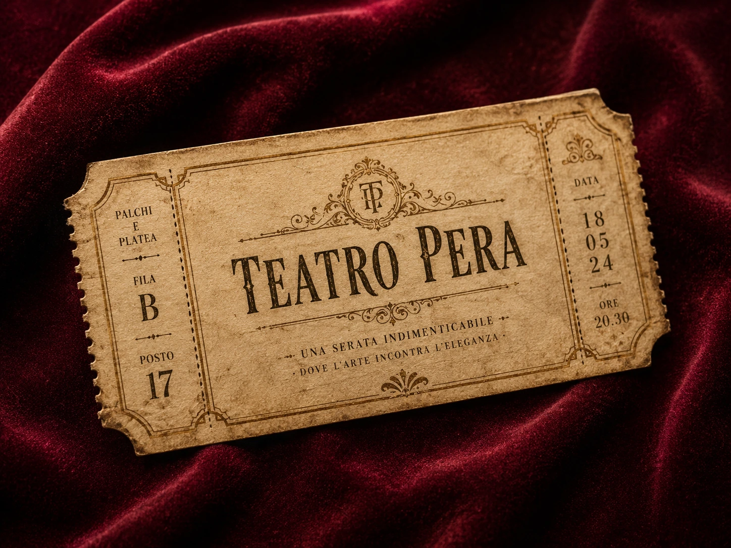 Vintage Teatro Pera ticket on burgundy velvet